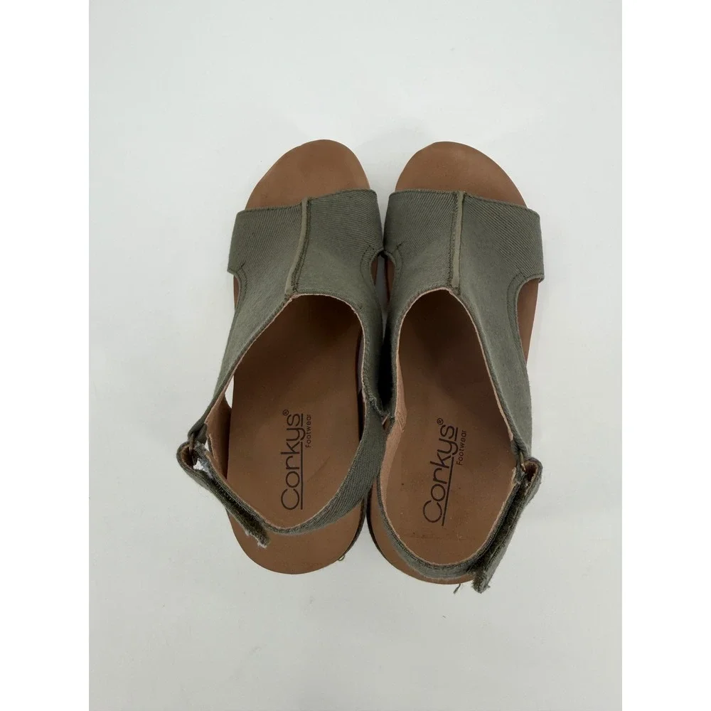 Corkys Carley Olive Green Canvas Cork Wedge Studded Slingback Sandals Womens 7
